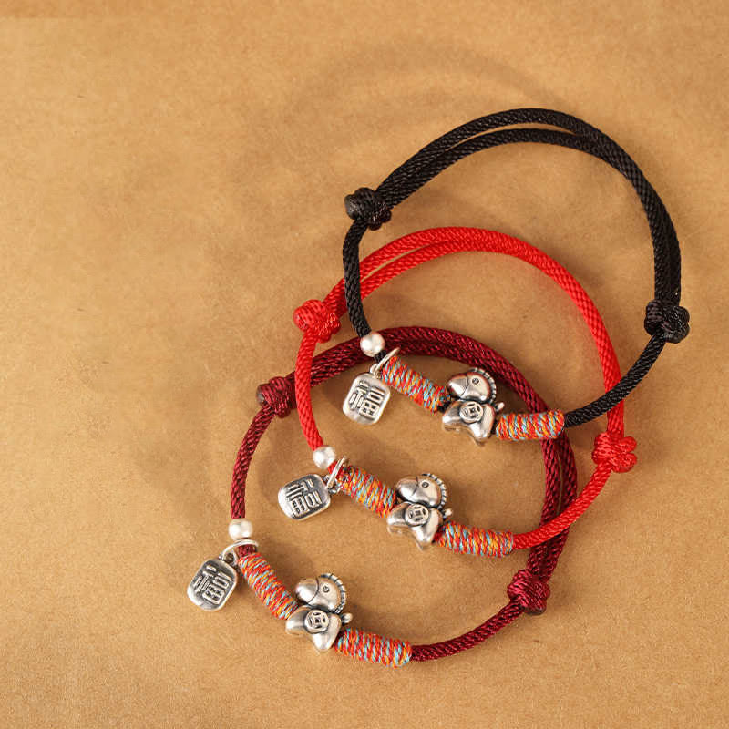 Braccialetto portafortuna intrecciato con cordino e ciondolo a forma di carattere Fu dell'anno del cavallo in argento sterling 999 Buddha Stones - image 21