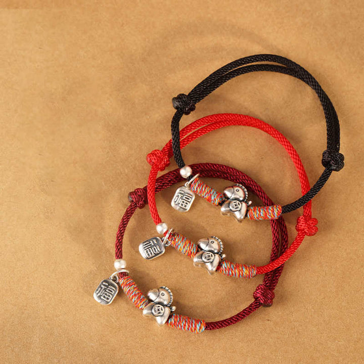 Braccialetto portafortuna intrecciato con cordino e ciondolo a forma di carattere Fu dell'anno del cavallo in argento sterling 999 Buddha Stones - image 21