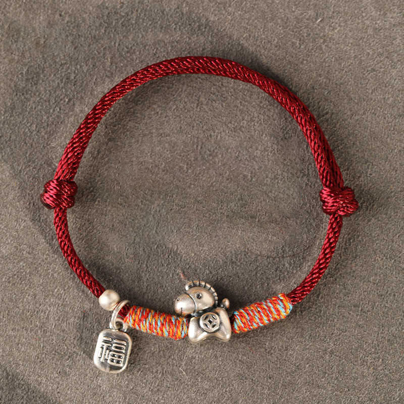 Braccialetto portafortuna intrecciato con cordino e ciondolo a forma di carattere Fu dell'anno del cavallo in argento sterling 999 Buddha Stones - Stringa rosso scuro (circonferenza polso: 14-18 cm) - image 1