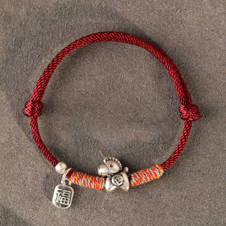 Braccialetto portafortuna intrecciato con cordino e ciondolo a forma di carattere Fu dell'anno del cavallo in argento sterling 999 Buddha Stones - Stringa rosso scuro (circonferenza polso: 14-18 cm) - image 1