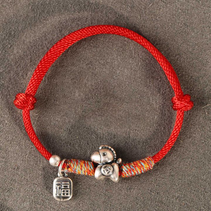 Braccialetto portafortuna intrecciato con cordino e ciondolo a forma di carattere Fu dell'anno del cavallo in argento sterling 999 Buddha Stones - Cordino rosso (circonferenza del polso: 14-18 cm) - image 19