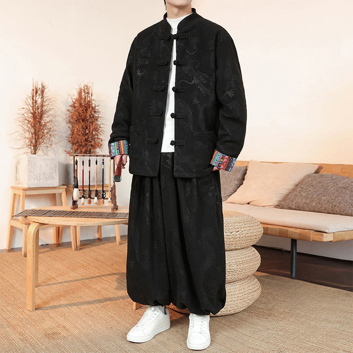 Set di 2 pezzi da uomo autunno inverno con giacca e pantaloni a maniche lunghe in cotone con bottoni e drago, stile "Buddha Stones" - Nero - US/UK/AU46, EU56 (5XL) - image 0