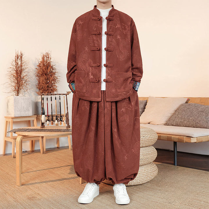 Set di 2 pezzi da uomo autunno inverno con giacca e pantaloni a maniche lunghe in cotone con bottoni e drago, stile "Buddha Stones" - Cioccolato - US/UK/AU46, EU56 (5XL) - image 10