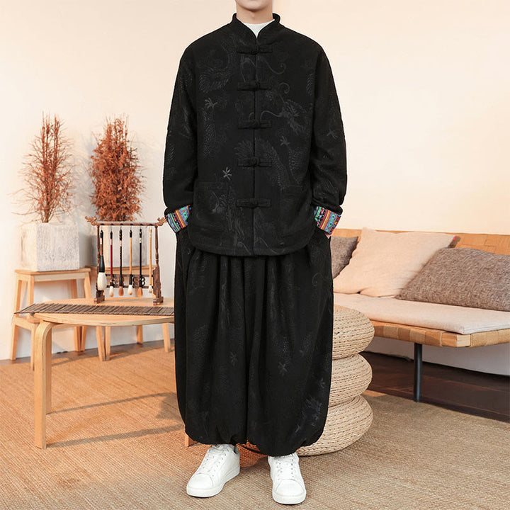 Set di 2 pezzi da uomo autunno inverno con giacca e pantaloni a maniche lunghe in cotone con bottoni e drago, stile "Buddha Stones" - image 1