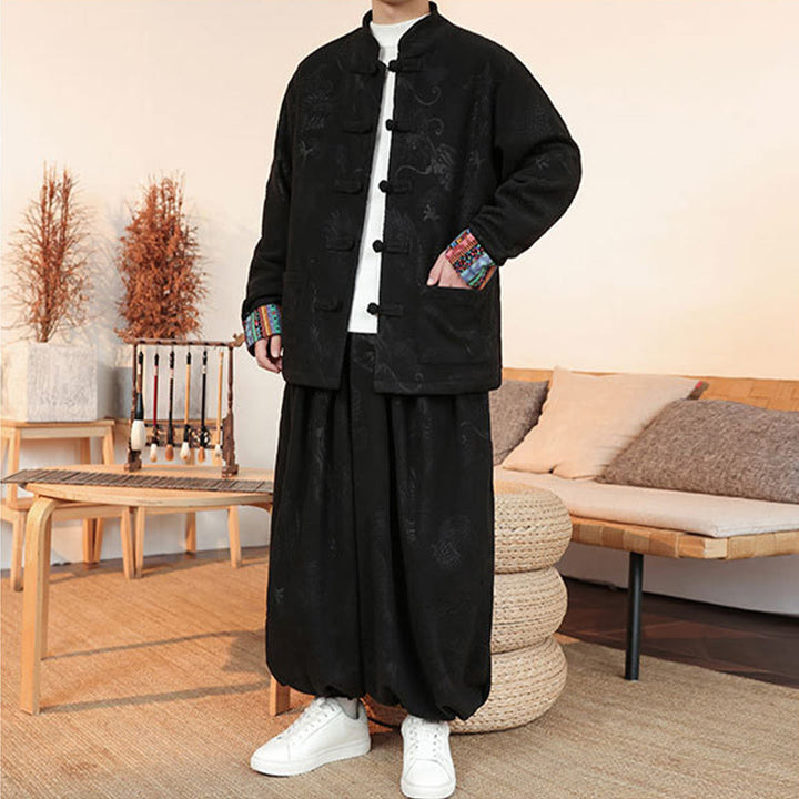 Set di 2 pezzi da uomo autunno inverno con giacca e pantaloni a maniche lunghe in cotone con bottoni e drago, stile "Buddha Stones" - image 7