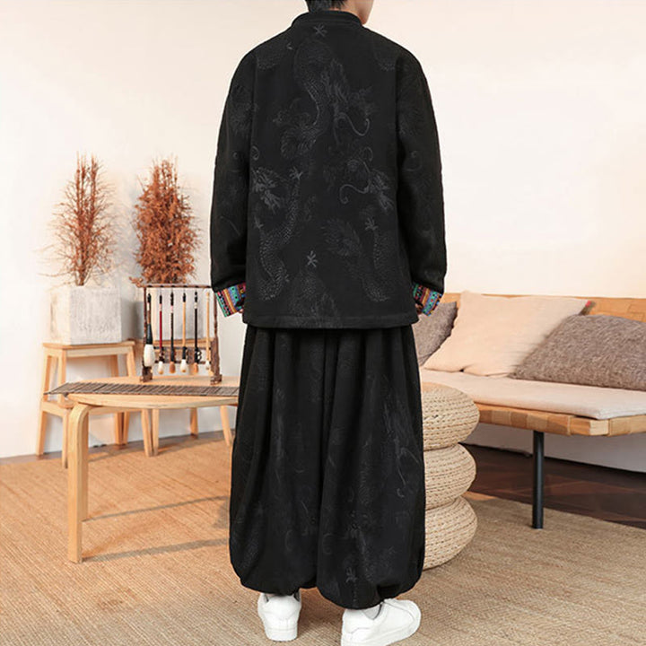 Set di 2 pezzi da uomo autunno inverno con giacca e pantaloni a maniche lunghe in cotone con bottoni e drago, stile "Buddha Stones" - image 4