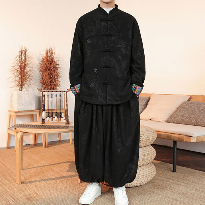 Set di 2 pezzi da uomo autunno inverno con giacca e pantaloni a maniche lunghe in cotone con bottoni e drago, stile "Buddha Stones" - image 2