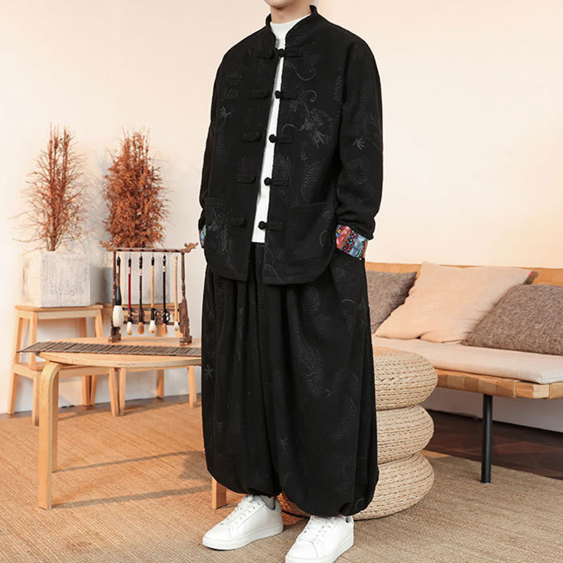 Set di 2 pezzi da uomo autunno inverno con giacca e pantaloni a maniche lunghe in cotone con bottoni e drago, stile "Buddha Stones" - image 5