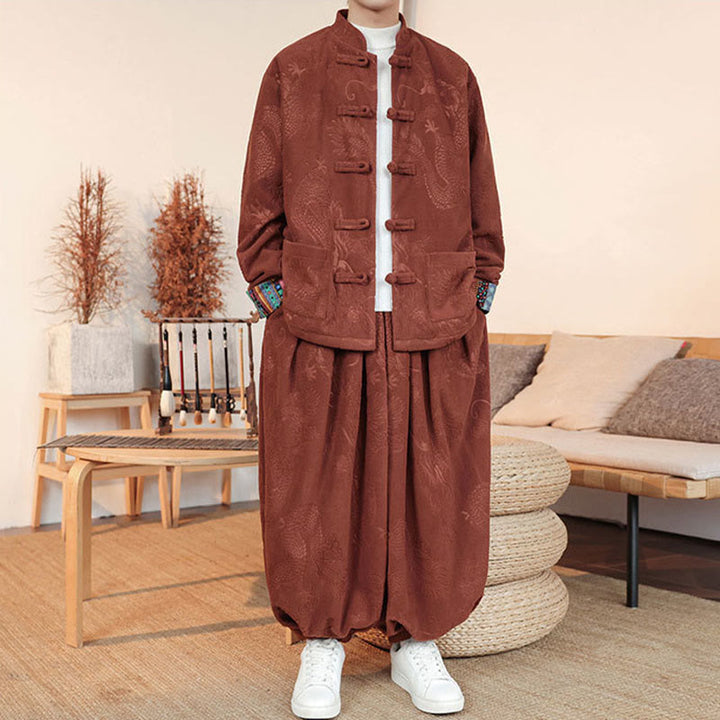 Set di 2 pezzi da uomo autunno inverno con giacca e pantaloni a maniche lunghe in cotone con bottoni e drago, stile "Buddha Stones" - image 11