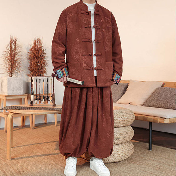 Set di 2 pezzi da uomo autunno inverno con giacca e pantaloni a maniche lunghe in cotone con bottoni e drago, stile "Buddha Stones" - image 12