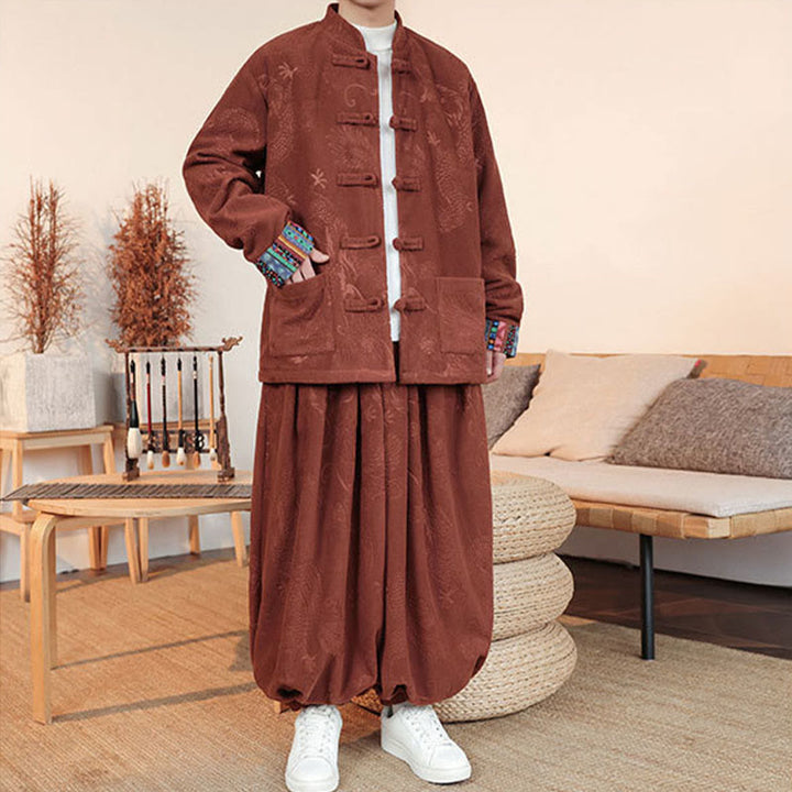 Set di 2 pezzi da uomo autunno inverno con giacca e pantaloni a maniche lunghe in cotone con bottoni e drago, stile "Buddha Stones" - image 15