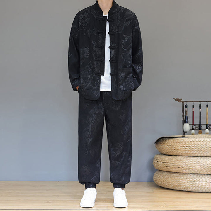 Set di 2 Buddha Stones da uomo autunno inverno con giacca e pantaloni a maniche lunghe in velluto a coste di cotone con bottoni e tasche, modello "Dragon Frog" - Nero - US/UK/AU46, EU56 (5XL) - image 12