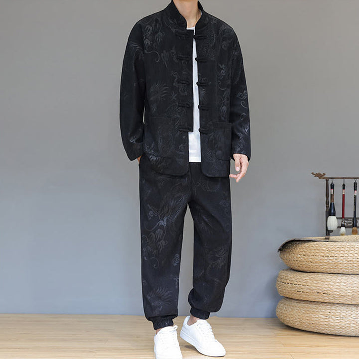 Set di 2 Buddha Stones da uomo autunno inverno con giacca e pantaloni a maniche lunghe in velluto a coste di cotone con bottoni e tasche, modello "Dragon Frog" - image 13