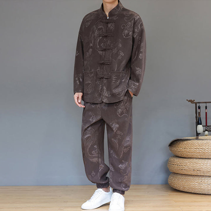 Set di 2 Buddha Stones da uomo autunno inverno con giacca e pantaloni a maniche lunghe in velluto a coste di cotone con bottoni e tasche, modello "Dragon Frog" - image 6