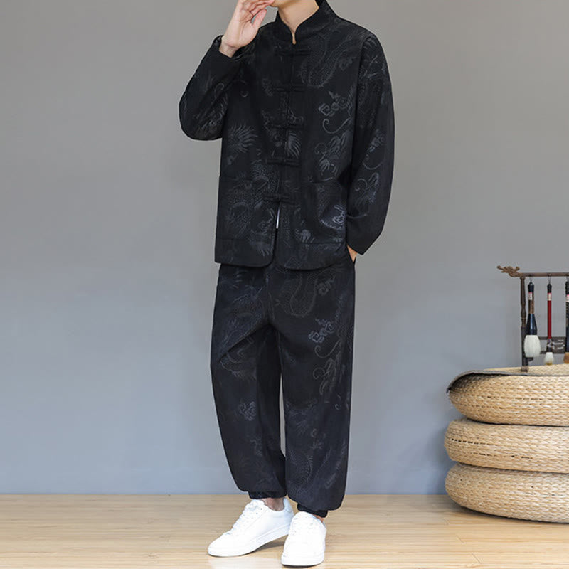 Set di 2 Buddha Stones da uomo autunno inverno con giacca e pantaloni a maniche lunghe in velluto a coste di cotone con bottoni e tasche, modello "Dragon Frog" - image 16