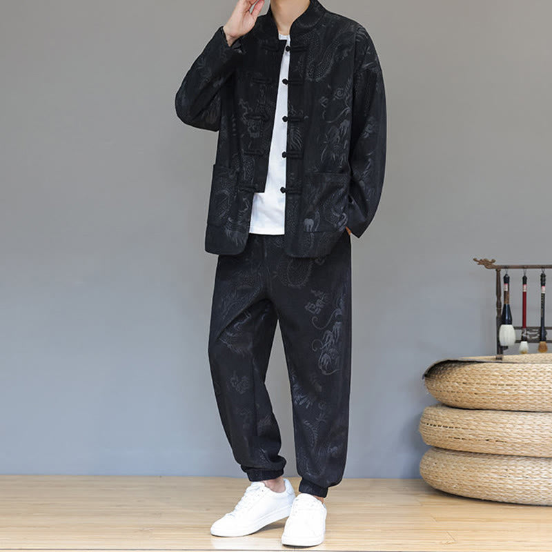 Set di 2 Buddha Stones da uomo autunno inverno con giacca e pantaloni a maniche lunghe in velluto a coste di cotone con bottoni e tasche, modello "Dragon Frog" - image 18