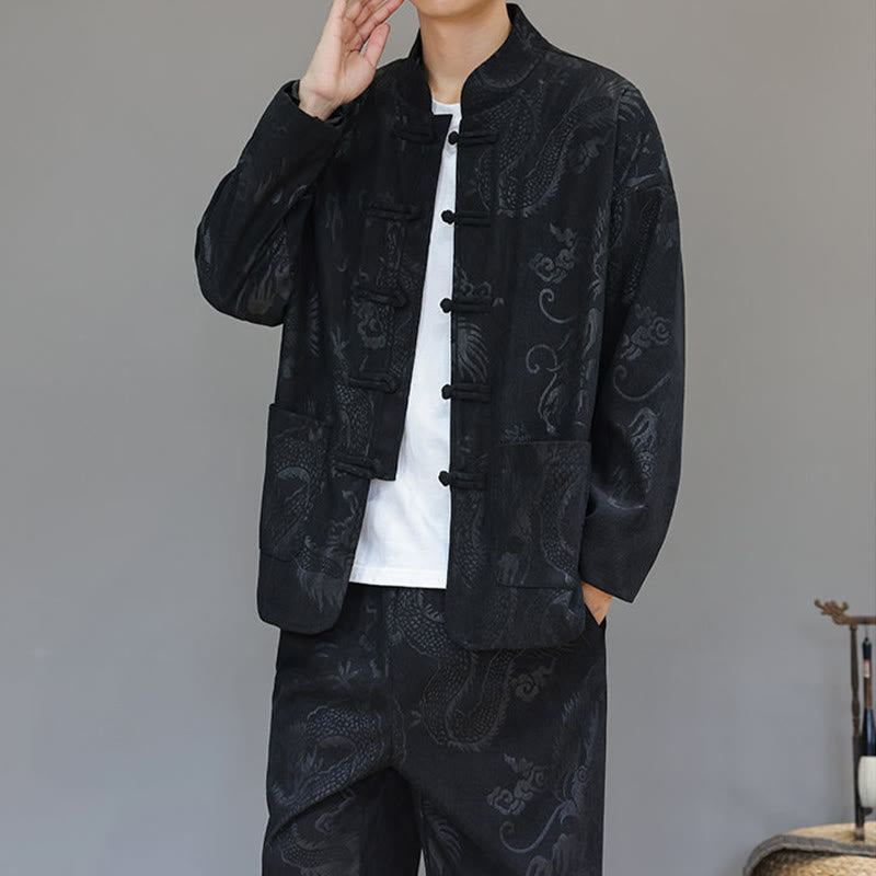 Set di 2 Buddha Stones da uomo autunno inverno con giacca e pantaloni a maniche lunghe in velluto a coste di cotone con bottoni e tasche, modello "Dragon Frog" - image 21