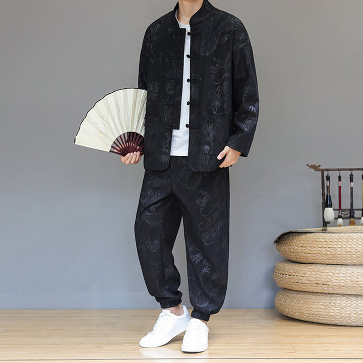 Set di 2 Buddha Stones da uomo autunno inverno con giacca e pantaloni a maniche lunghe in velluto a coste di cotone con bottoni e tasche, modello "Dragon Frog" - image 17