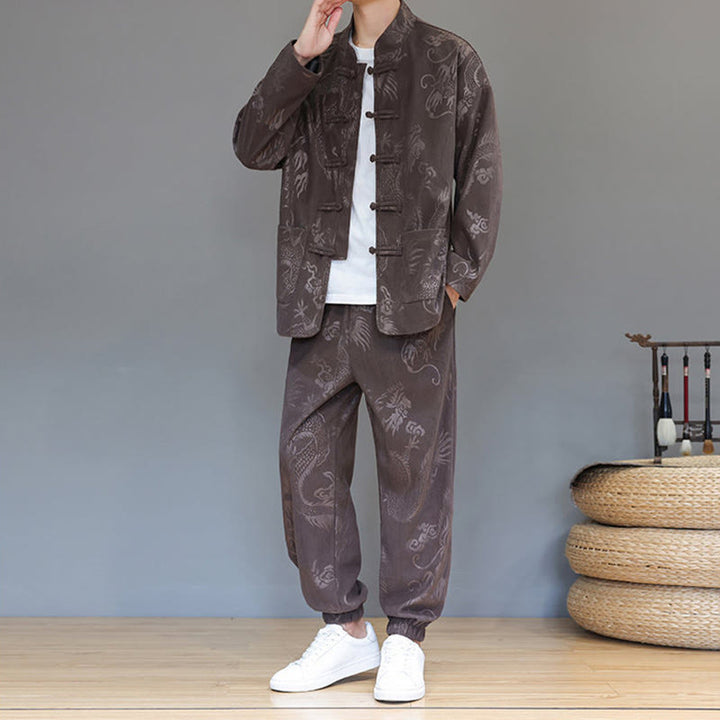 Set di 2 Buddha Stones da uomo autunno inverno con giacca e pantaloni a maniche lunghe in velluto a coste di cotone con bottoni e tasche, modello "Dragon Frog" - image 7