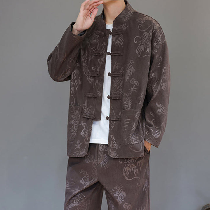 Set di 2 Buddha Stones da uomo autunno inverno con giacca e pantaloni a maniche lunghe in velluto a coste di cotone con bottoni e tasche, modello "Dragon Frog" - image 8