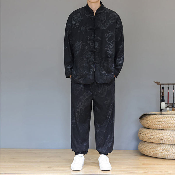 Set di 2 Buddha Stones da uomo autunno inverno con giacca e pantaloni a maniche lunghe in velluto a coste di cotone con bottoni e tasche, modello "Dragon Frog" - image 14