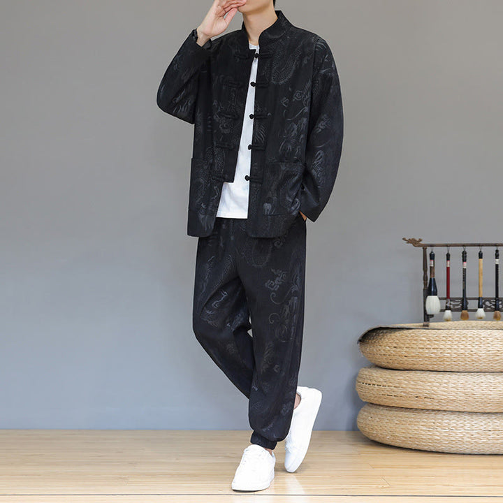 Set di 2 Buddha Stones da uomo autunno inverno con giacca e pantaloni a maniche lunghe in velluto a coste di cotone con bottoni e tasche, modello "Dragon Frog" - image 19