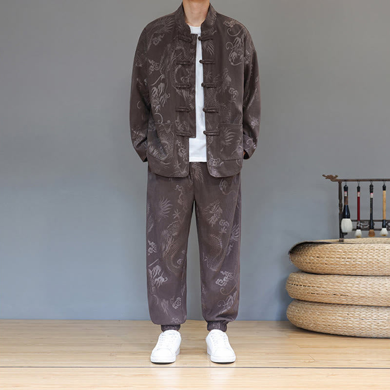 Set di 2 Buddha Stones da uomo autunno inverno con giacca e pantaloni a maniche lunghe in velluto a coste di cotone con bottoni e tasche, modello "Dragon Frog" - image 2