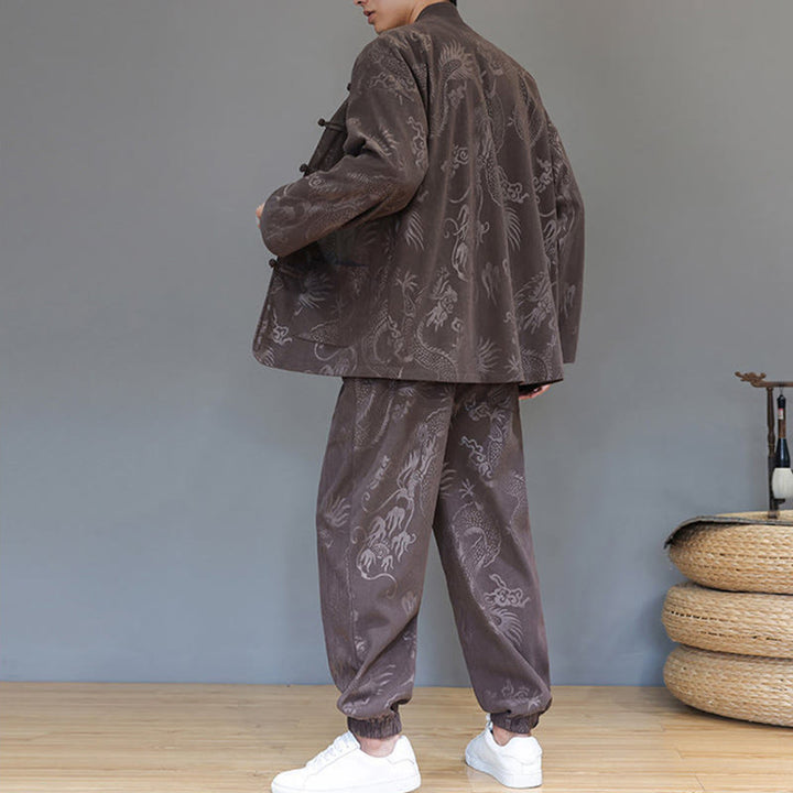 Set di 2 Buddha Stones da uomo autunno inverno con giacca e pantaloni a maniche lunghe in velluto a coste di cotone con bottoni e tasche, modello "Dragon Frog" - image 3