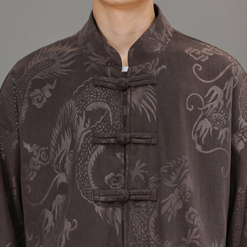 Set di 2 Buddha Stones da uomo autunno inverno con giacca e pantaloni a maniche lunghe in velluto a coste di cotone con bottoni e tasche, modello "Dragon Frog" - image 9