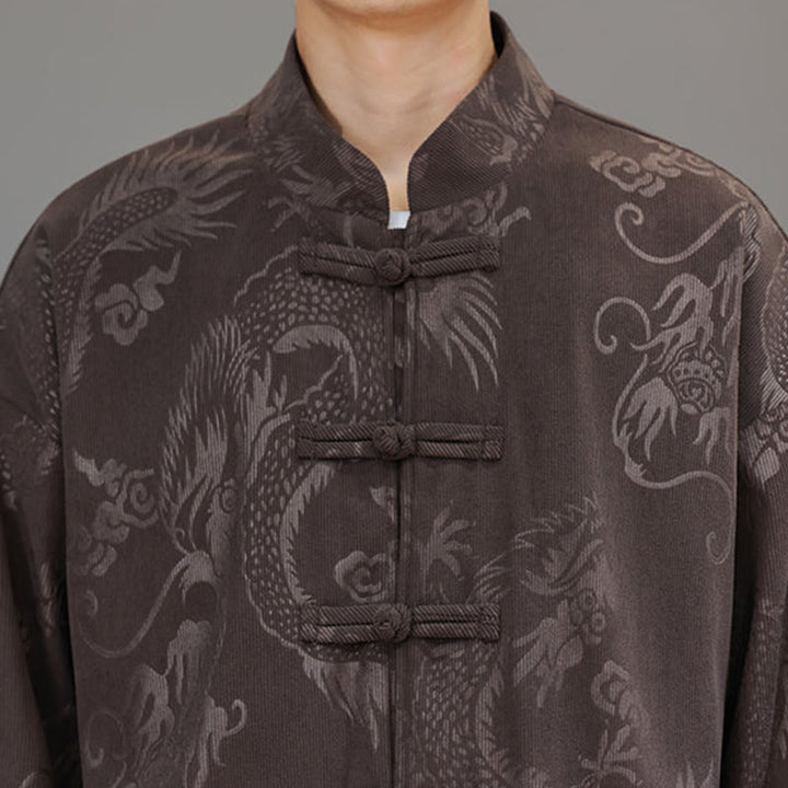 Set di 2 Buddha Stones da uomo autunno inverno con giacca e pantaloni a maniche lunghe in velluto a coste di cotone con bottoni e tasche, modello "Dragon Frog" - image 9