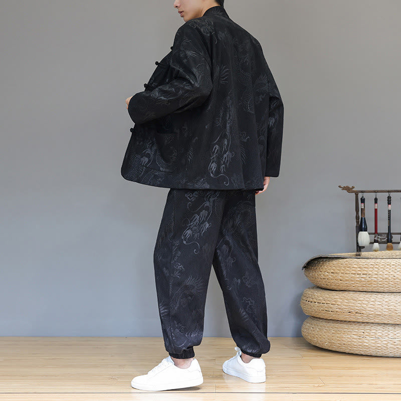 Set di 2 Buddha Stones da uomo autunno inverno con giacca e pantaloni a maniche lunghe in velluto a coste di cotone con bottoni e tasche, modello "Dragon Frog" - image 15