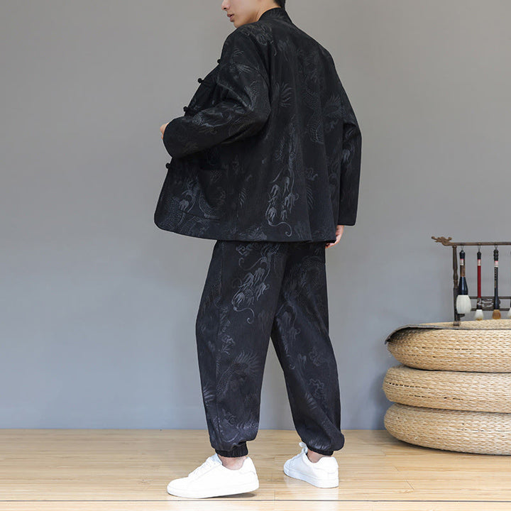 Set di 2 Buddha Stones da uomo autunno inverno con giacca e pantaloni a maniche lunghe in velluto a coste di cotone con bottoni e tasche, modello "Dragon Frog" - image 15