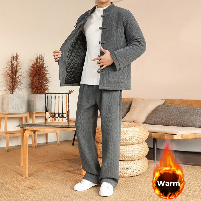 Set di 2 giacche e pantaloni invernali da uomo in cotone con bottoni a rana, a maniche lunghe, con tasche, Buddha Stones - image 1