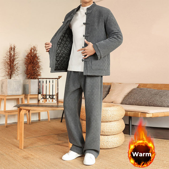 Set di 2 giacche e pantaloni invernali da uomo in cotone con bottoni a rana, a maniche lunghe, con tasche, Buddha Stones - image 1