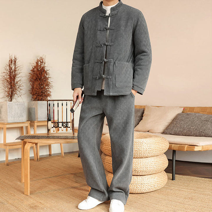 Set di 2 giacche e pantaloni invernali da uomo in cotone con bottoni a rana, a maniche lunghe, con tasche, Buddha Stones - image 5