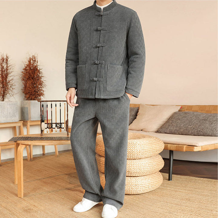 Set di 2 giacche e pantaloni invernali da uomo in cotone con bottoni a rana, a maniche lunghe, con tasche, Buddha Stones - image 4