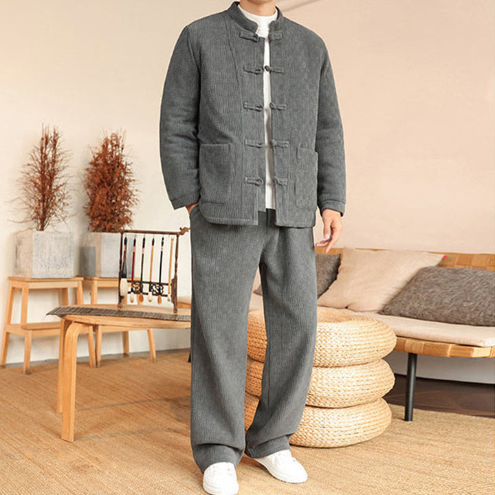 Set di 2 giacche e pantaloni invernali da uomo in cotone con bottoni a rana, a maniche lunghe, con tasche, Buddha Stones - image 2