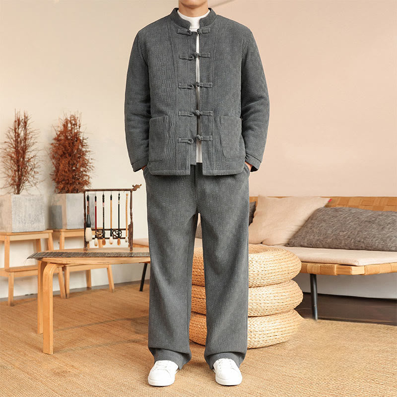 Set di 2 giacche e pantaloni invernali da uomo in cotone con bottoni a rana, a maniche lunghe, con tasche, Buddha Stones - Grigio - US/UK/AU46, EU56 (5XL) - image 0