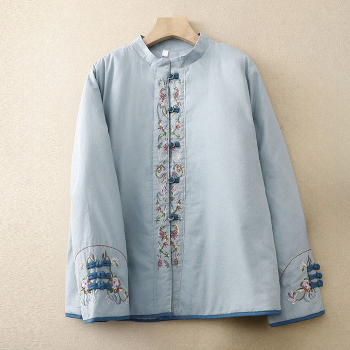 Giacca termica da donna a maniche lunghe con bottoni a rana e ricamo floreale invernale Buddha Stones - Azzurro chiaro - US12, UK/AU16, EU44 (3XL) - image 1