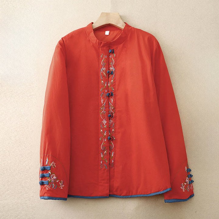 Giacca termica da donna a maniche lunghe con bottoni a rana e ricamo floreale invernale Buddha Stones - Arancione Rosso - US12, UK/AU16, EU44 (3XL) - image 17