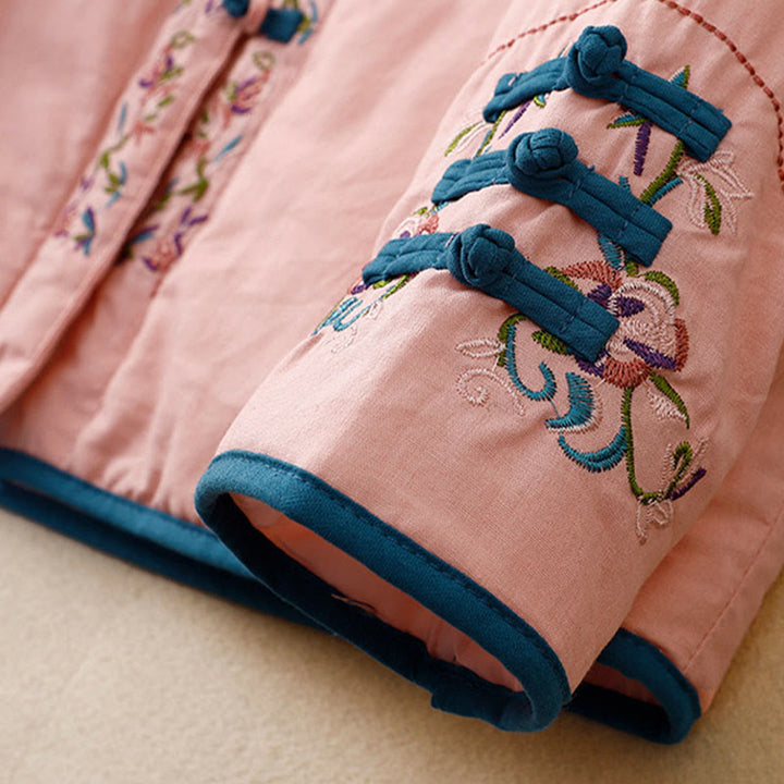 Giacca termica da donna a maniche lunghe con bottoni a rana e ricamo floreale invernale Buddha Stones - image 13