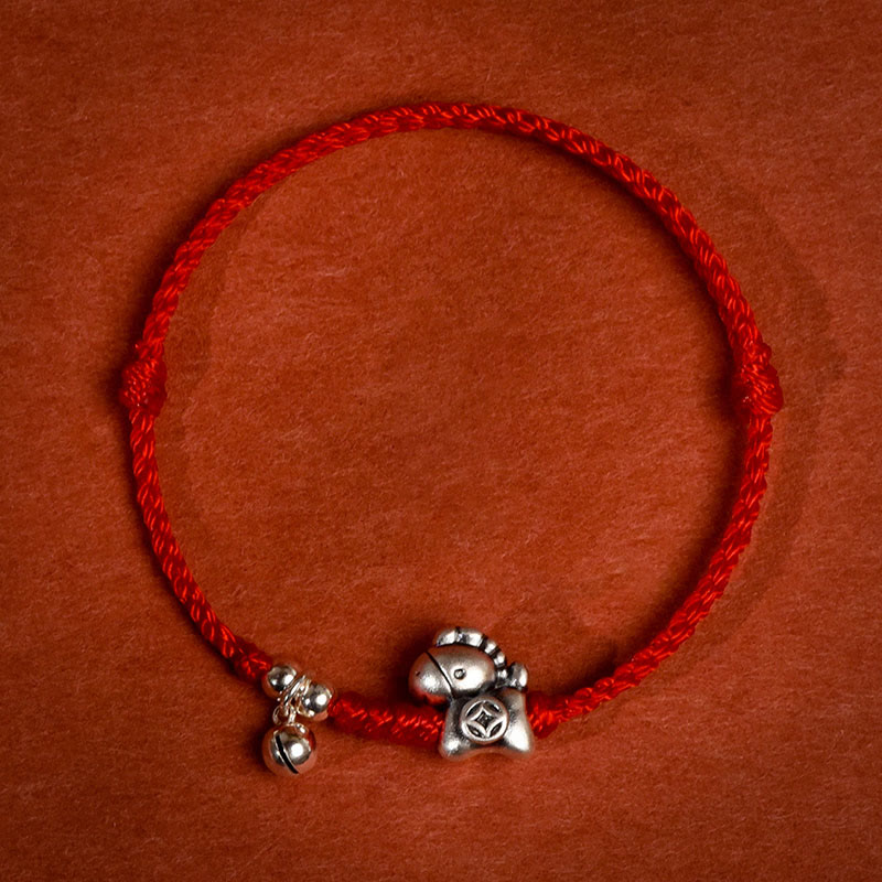 Braccialetto alla caviglia per bambini e adulti con campanella in argento sterling 925 , Buddha Stones, anno del cavallo, in argento sterling 999 - Corda rossa - Cavigliera per bambini (circonferenza 18-23 cm) - image 1