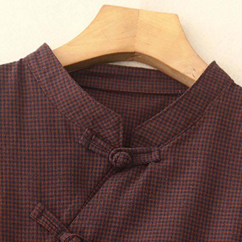 Abito midi a maniche lunghe con tasche, colletto rialzato, bottoni a rana e motivo scozzese marrone autunnale Buddha Stones - image 2