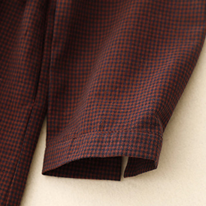 Abito midi a maniche lunghe con tasche, colletto rialzato, bottoni a rana e motivo scozzese marrone autunnale Buddha Stones - image 9