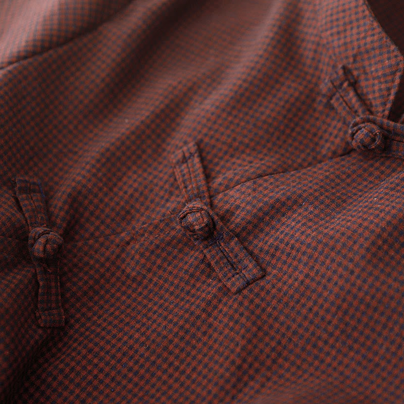 Abito midi a maniche lunghe con tasche, colletto rialzato, bottoni a rana e motivo scozzese marrone autunnale Buddha Stones - image 4