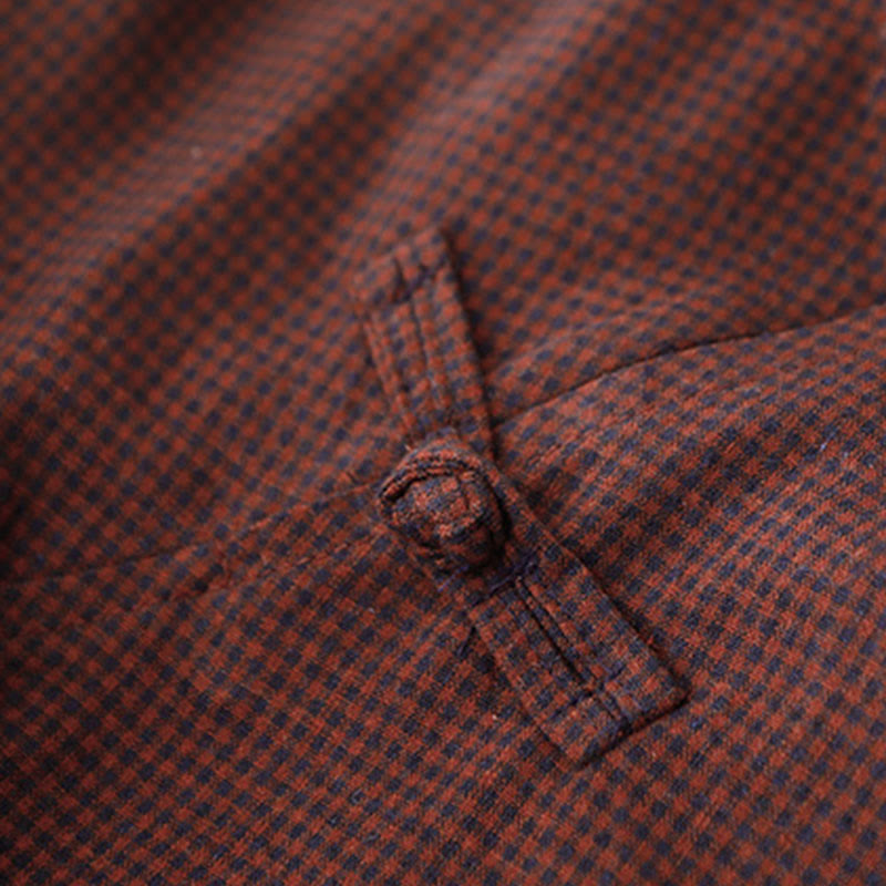 Abito midi a maniche lunghe con tasche, colletto rialzato, bottoni a rana e motivo scozzese marrone autunnale Buddha Stones - image 3