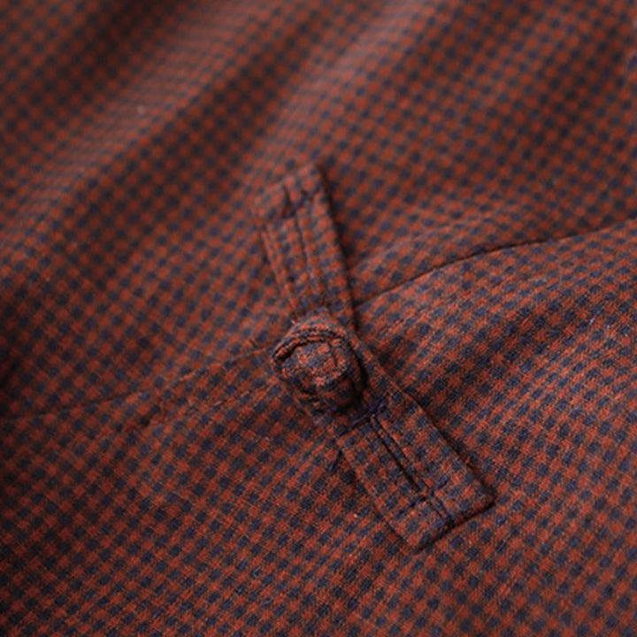 Abito midi a maniche lunghe con tasche, colletto rialzato, bottoni a rana e motivo scozzese marrone autunnale Buddha Stones - image 3