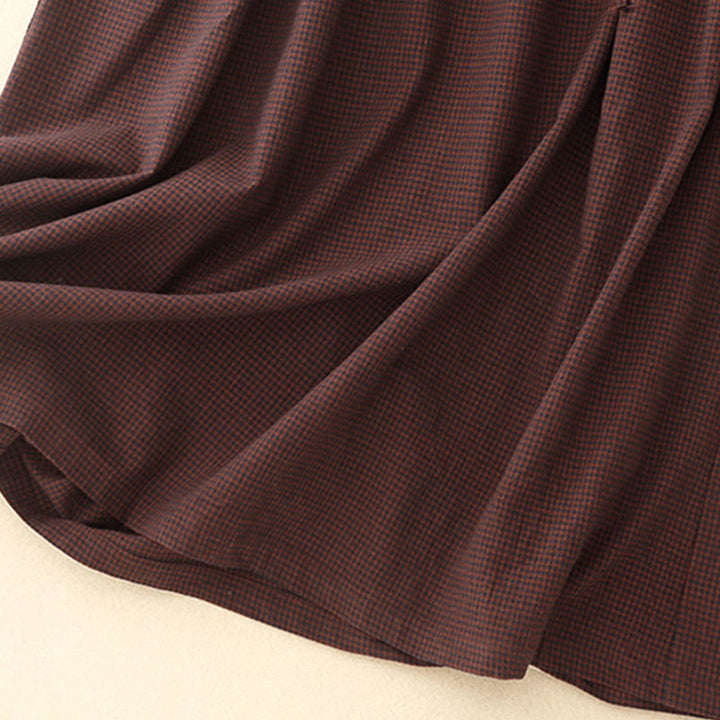 Abito midi a maniche lunghe con tasche, colletto rialzato, bottoni a rana e motivo scozzese marrone autunnale Buddha Stones - image 10