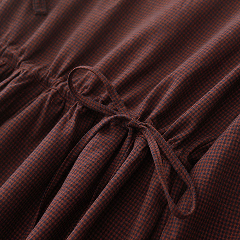 Abito midi a maniche lunghe con tasche, colletto rialzato, bottoni a rana e motivo scozzese marrone autunnale Buddha Stones - image 7