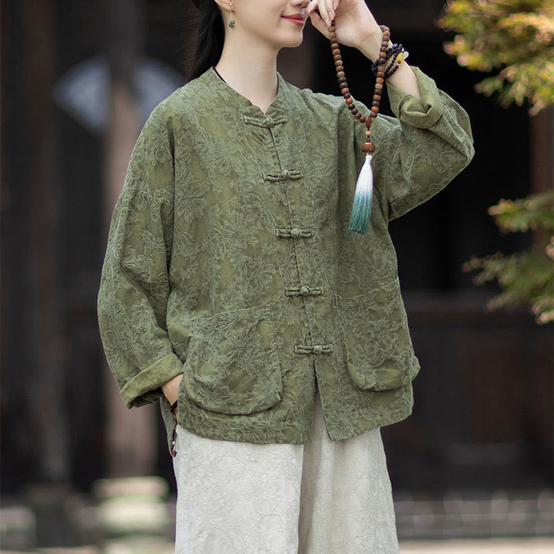 Buddha Stones Fall Jacquard Camicia a maniche lunghe con bottoni a rana da donna, pantaloni, abbigliamento in cotone e lino - image 1